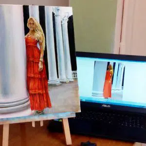 картина девушка в красном платье