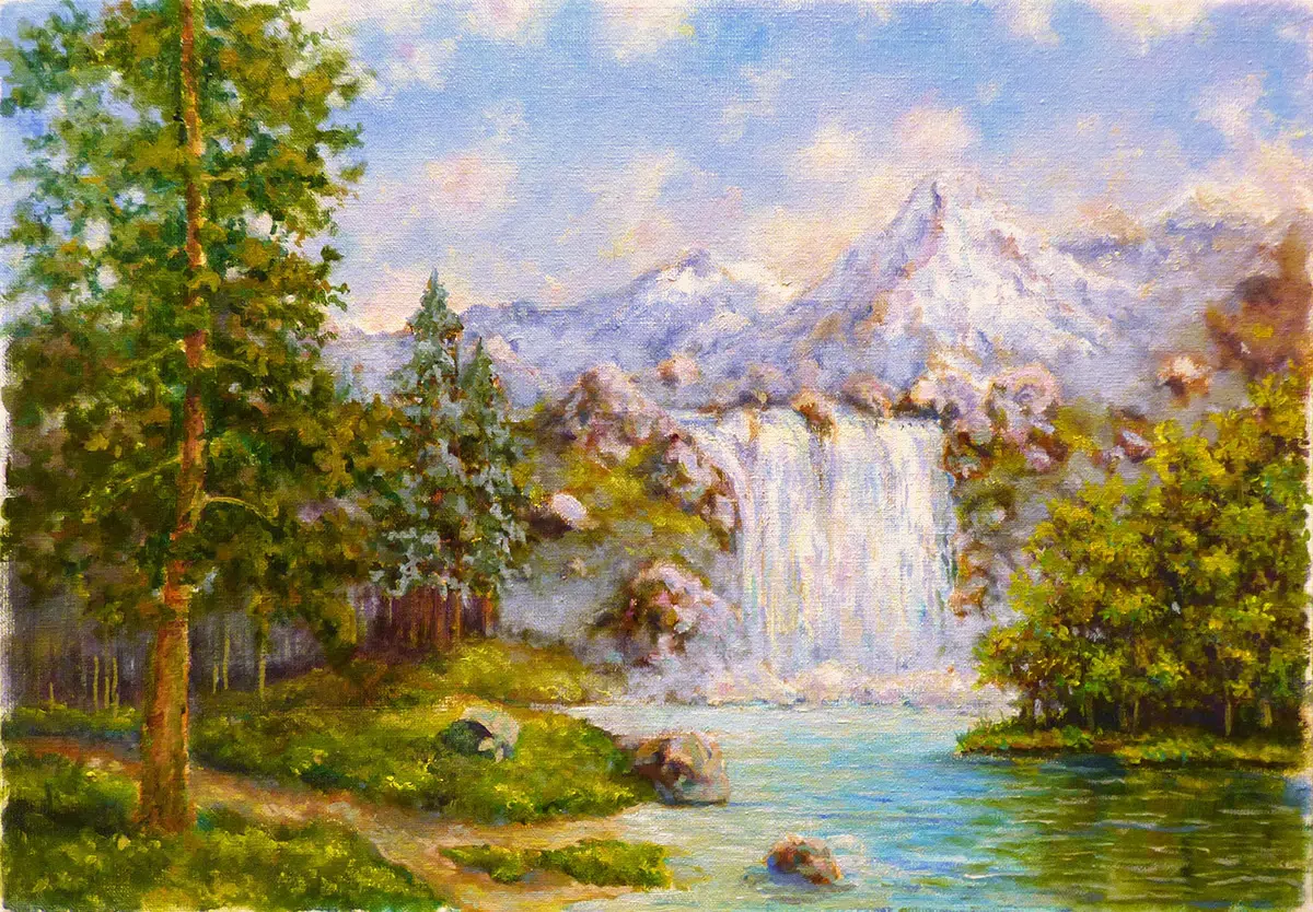 Горы и водопад этюд
