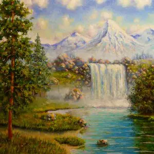 Картина горы и водопад